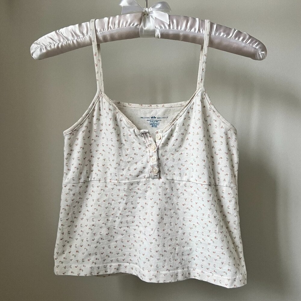 Brandy Melville Women's Cream Pink Floral Tank with 3 Buttons